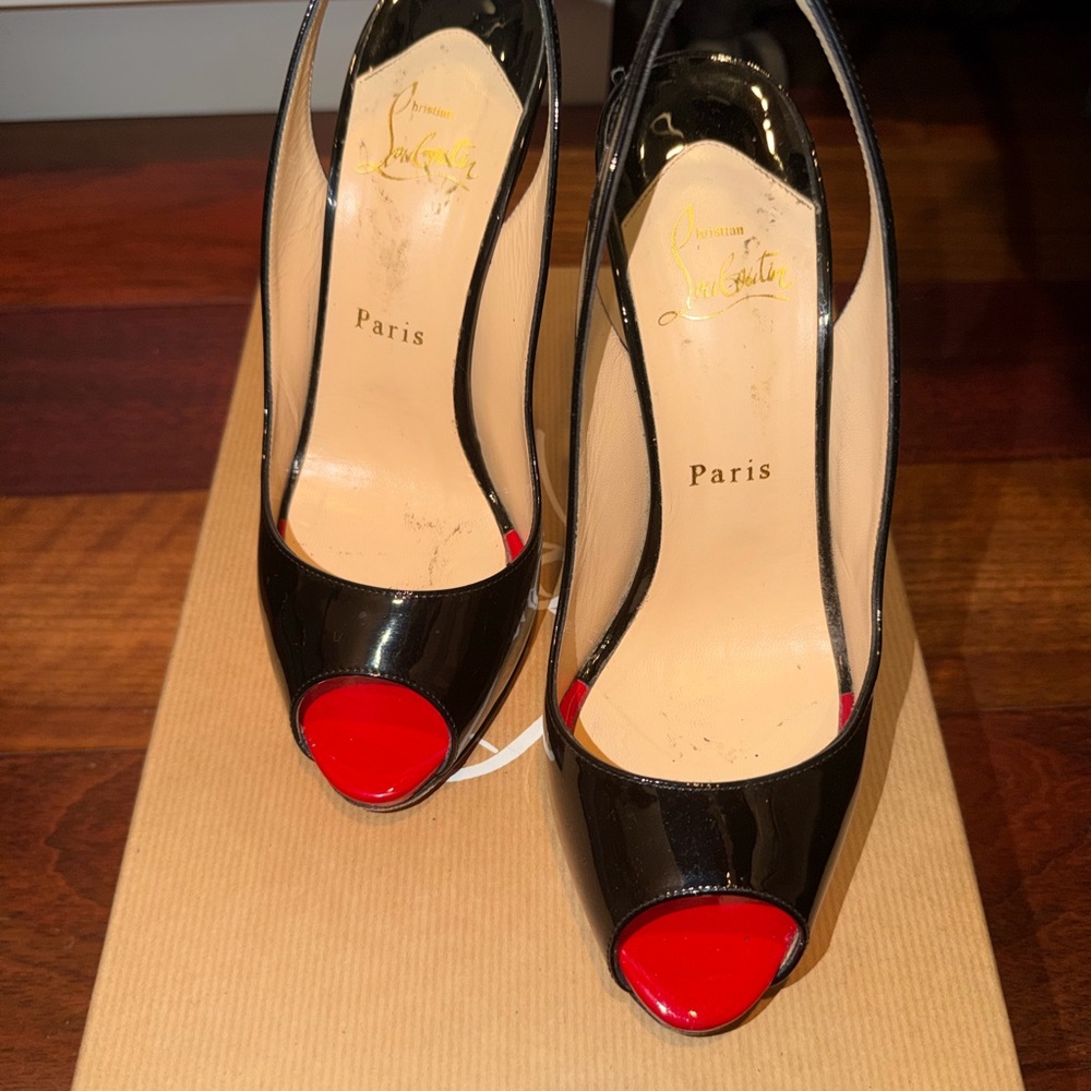Christian Louboutin Black Patent Peep-Toe Slingback Heels with Red Toe